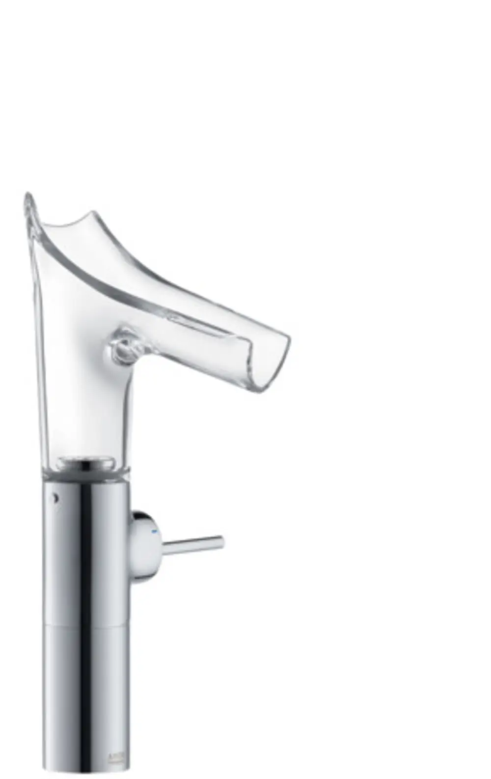 Glas-Waschtischmischer mit metallischem Auslauf und zentraler Betätigung. Produkt von AXOR, geeignet für Aufsatzwaschtische.